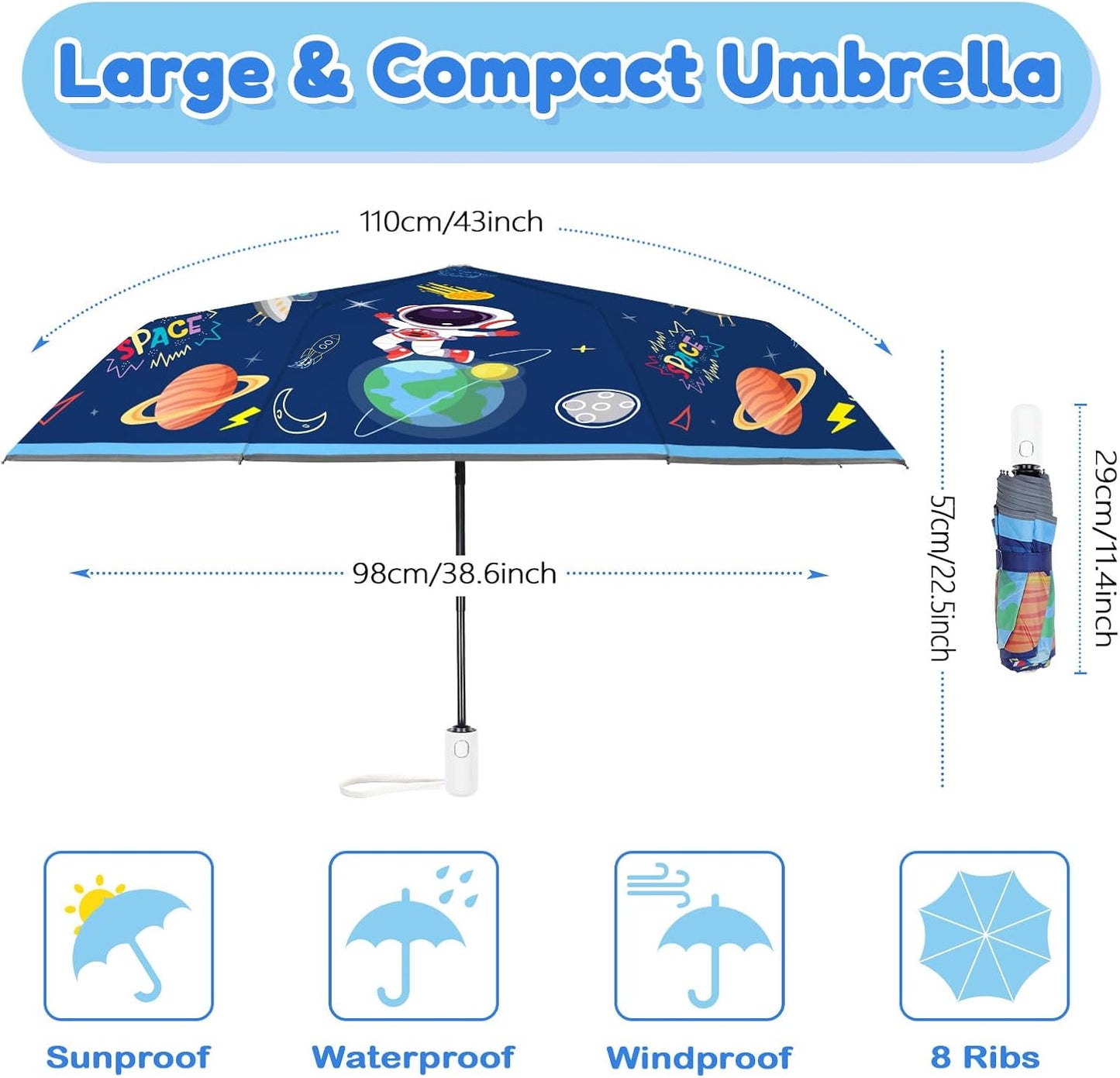 Autoamtic Kids Umbrella UV Resistant, Folding Compact Umbrella 360° Reflective Strip for Travel Outdoor, Lightweight Cute Kids Parasol Anti-rebound Safe for Toddler