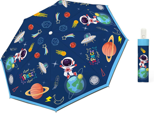 Autoamtic Kids Umbrella UV Resistant, Folding Compact Umbrella 360° Reflective Strip for Travel Outdoor, Lightweight Cute Kids Parasol Anti-rebound Safe for Toddler