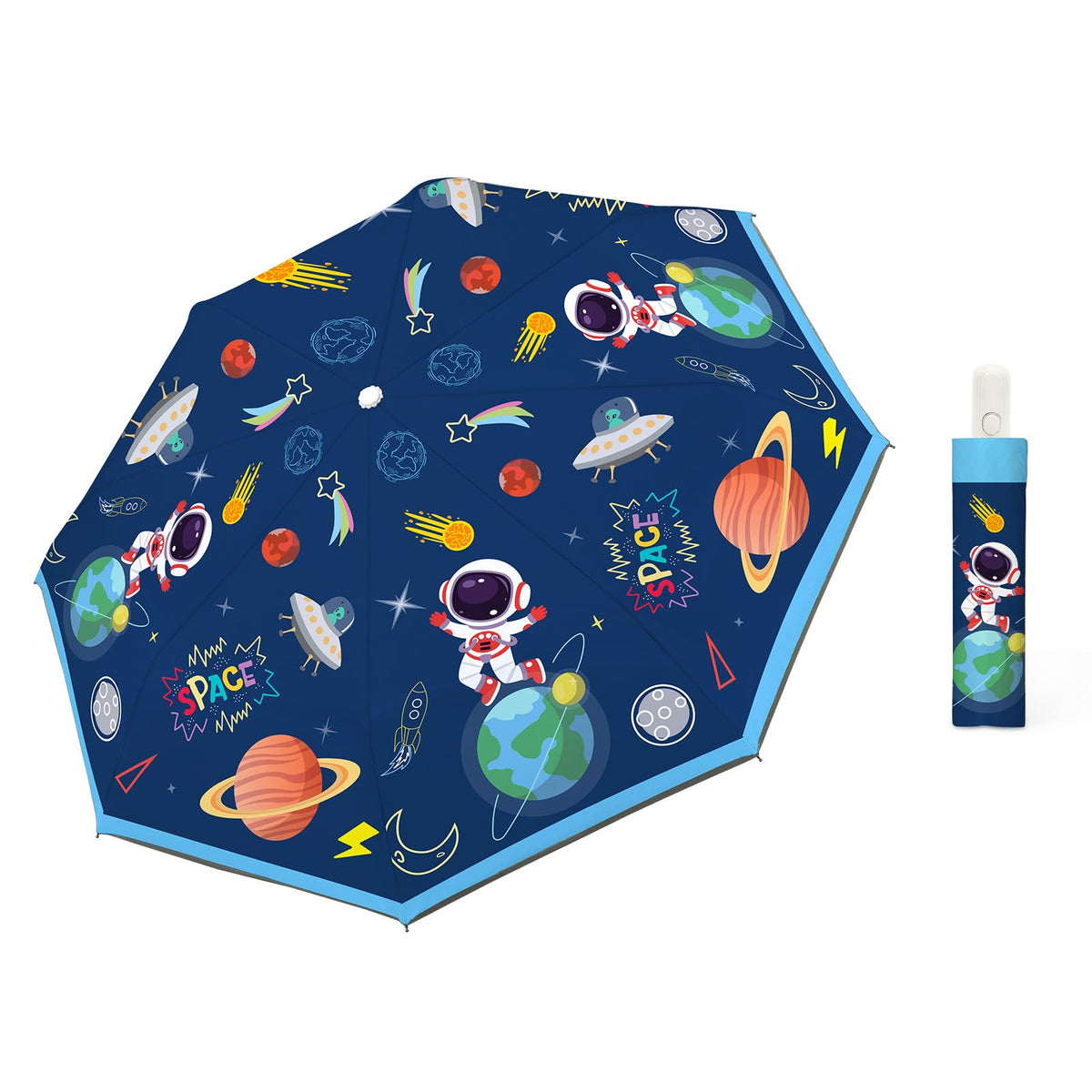 Autoamtic Kids Umbrella UV Resistant, Folding Compact Umbrella 360° Reflective Strip for Travel Outdoor, Lightweight Cute Kids Parasol Anti-rebound Safe for Toddler