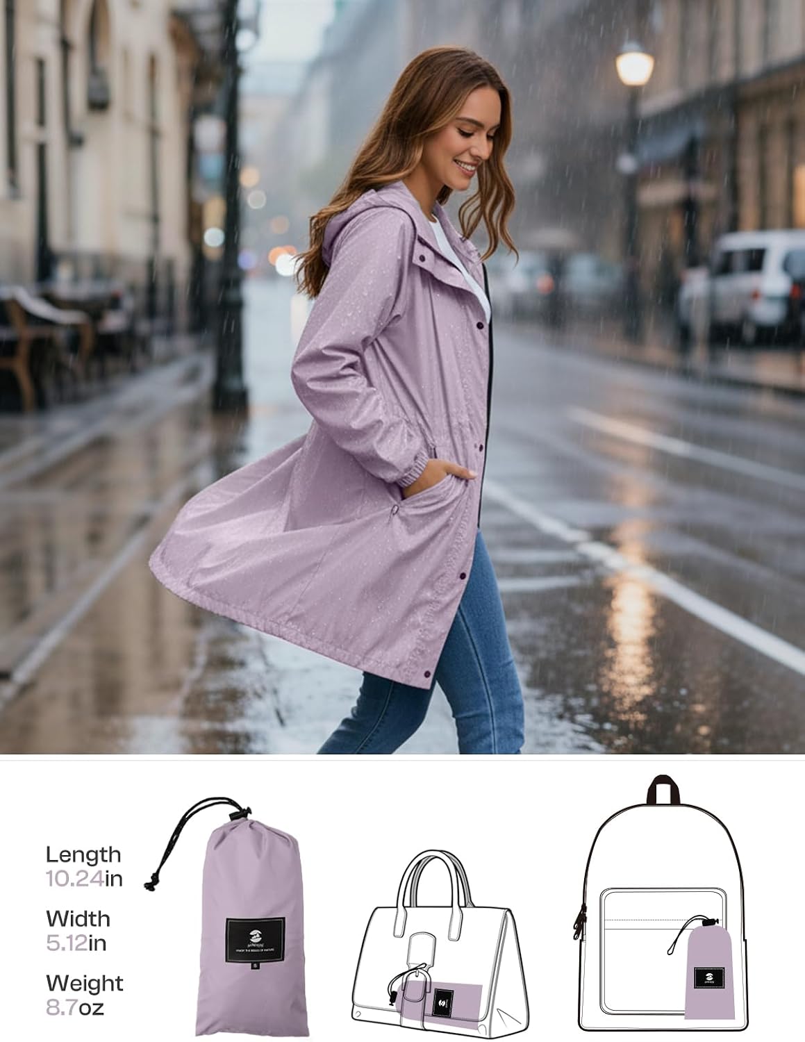 SaphiRose Women's Lightweight Long Rain Jacket Packable Raincoat Hooded Outdoor Trench Coats