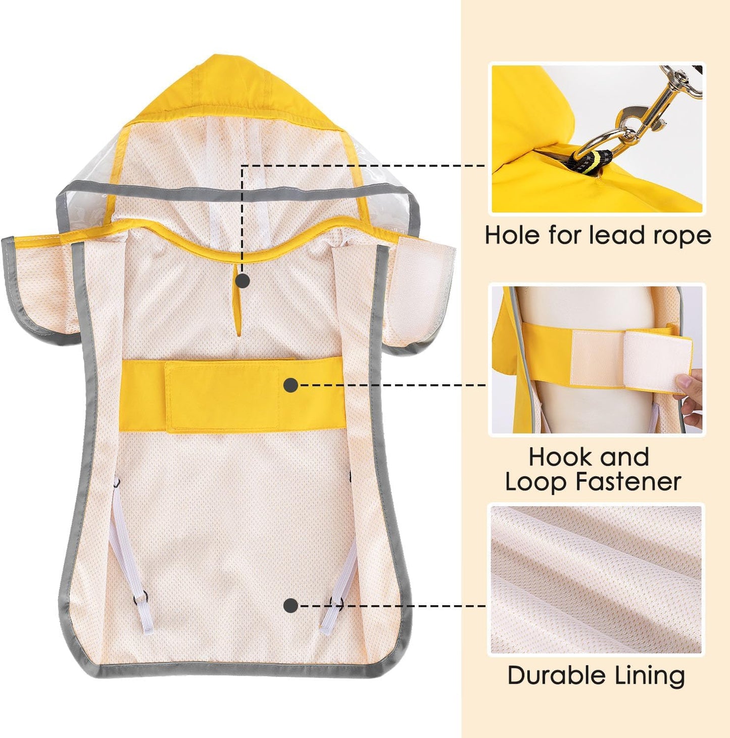 Lukovee Dog Raincoat, Waterproof Rain Jacket, Clear Hood & Reflective Rim | Easy On Off Adjustable Straps, Leash Hole, Soft Mesh Lining, Storage Pocket, Poncho for Small Medium Large Dogs (Yellow, 2XL)