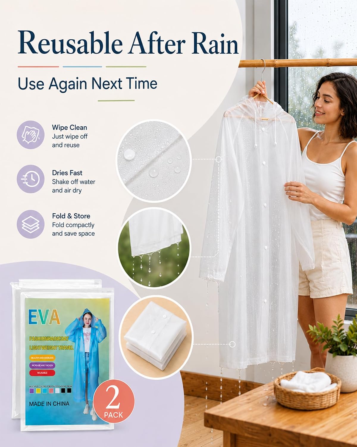 Rain Ponchos for Adults Reusable (2 Pack), Waterproof EVA Raincoats | Raincoats with Hood and Drawstring for Women & Men, Lightweight Emergency Raincoats for Theme Parks and Music Festivals