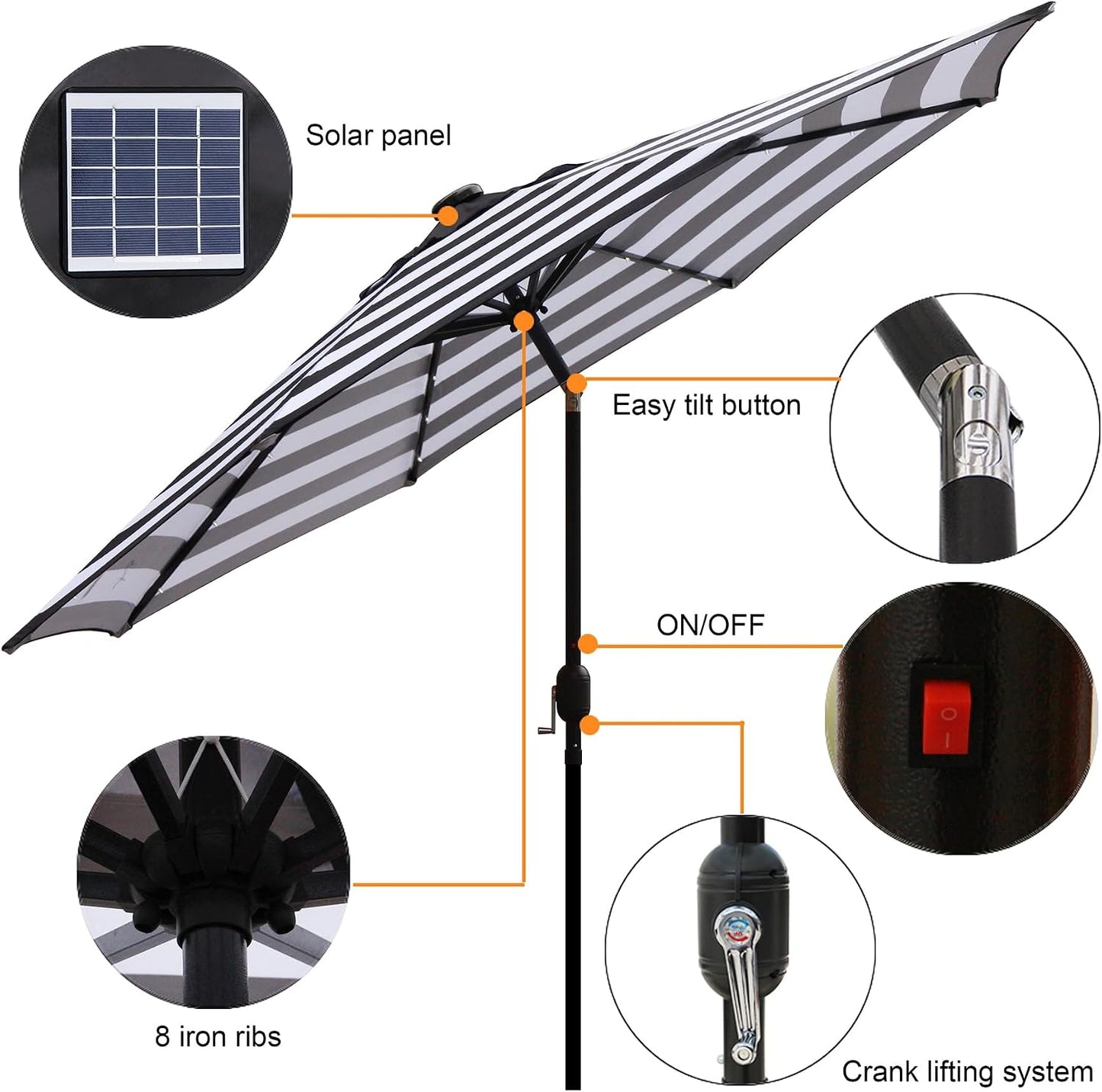 9 ft Solar Umbrella 32 LED Lighted Patio Umbrella Table Market Umbrella with Tilt and Crank Outdoor Umbrella for Garden, Deck, Backyard, Pool and Beach (Black and White)