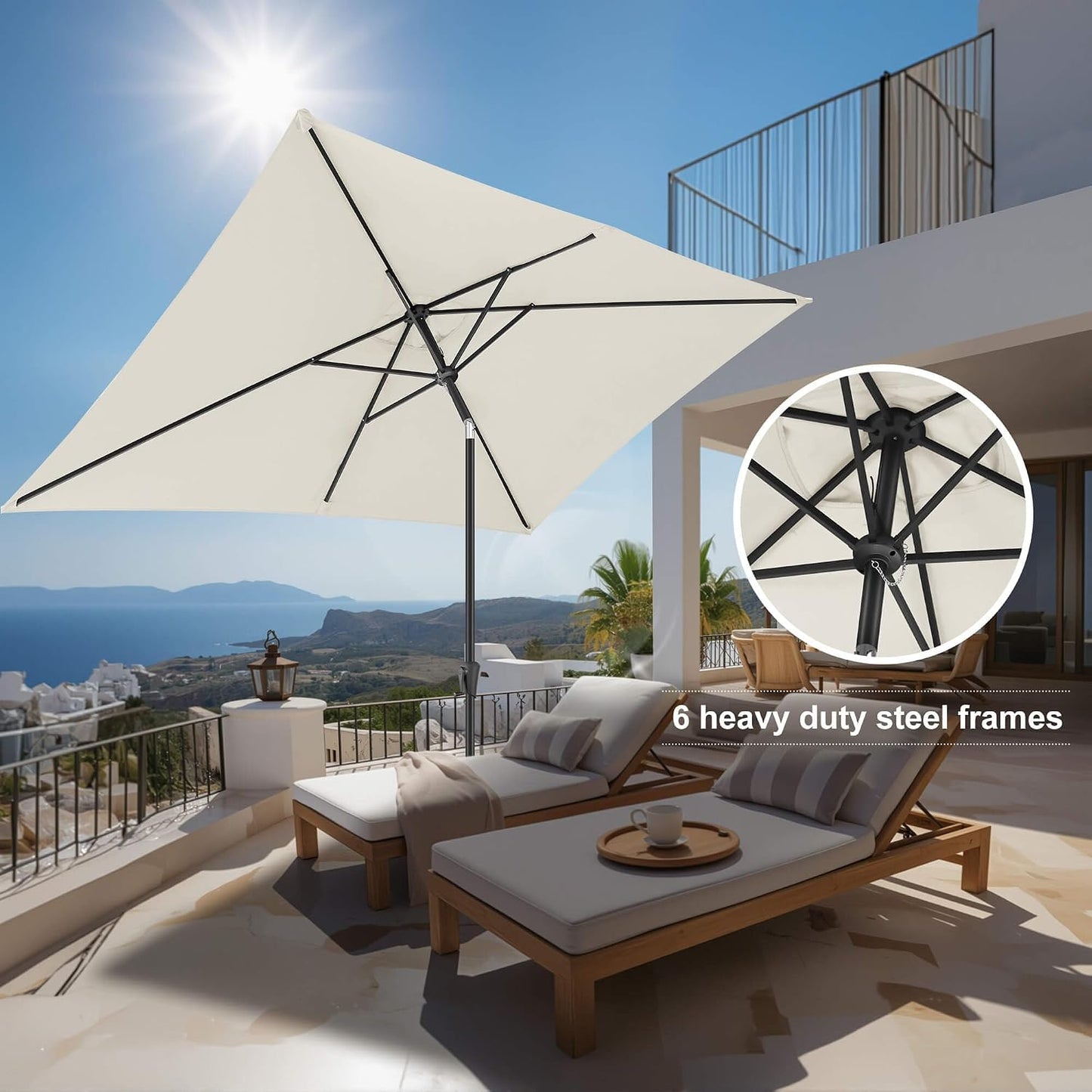 Patio Umbrella Rectangular with Button Tilt, 6.5 x 10ft Ivory | Waterproof UV Protection, Rectangle Porch Deck Umbrella for Pool, Table, Garden, Backyard, Provides Shade