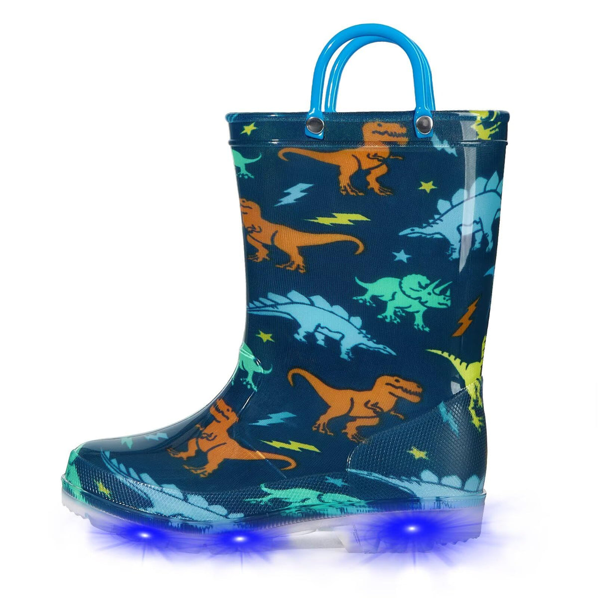 EUXTERPA Toddler Kids Light-Up Rain Boots | Waterproof, Glitter, Cartoon Pattern, Easy-On Handles, LED Flashing Non-Slip Sole, Puddle Play, Outdoor, Children Girls Boys