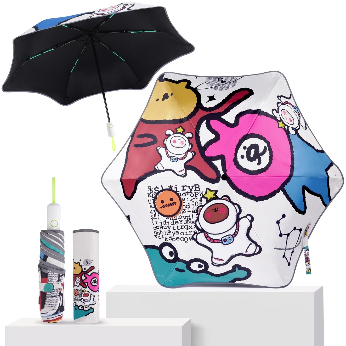 Rounded Corner Folding Umbrella Anti-UV Compact Durable Umbrella Auto Open/Close Lightweight Backpack Cute Cartoon Umbrella for Girls & Boys