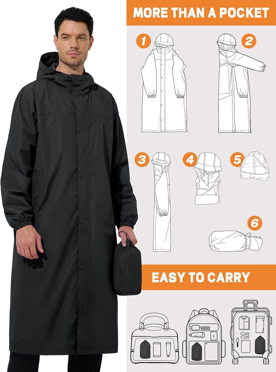 UIQUR Mens Long Rain Jacket Raincoat Waterproof Rain Poncho | Lightweight Packable Windbreaker For Hiking, Cycling, Running, Fishing ,Golf,Rainy-day work