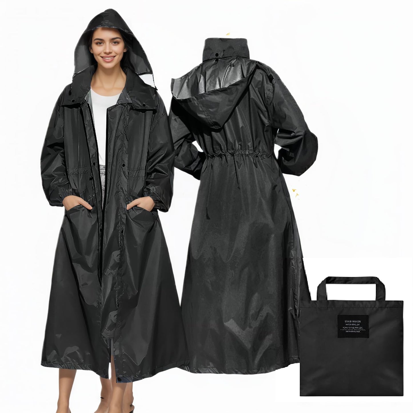 LAMA Womens Long Raincoats Rain Jacket Waterproof Packable Hooded Windbreaker Lightweight Adjustable Waist for Outdoor
