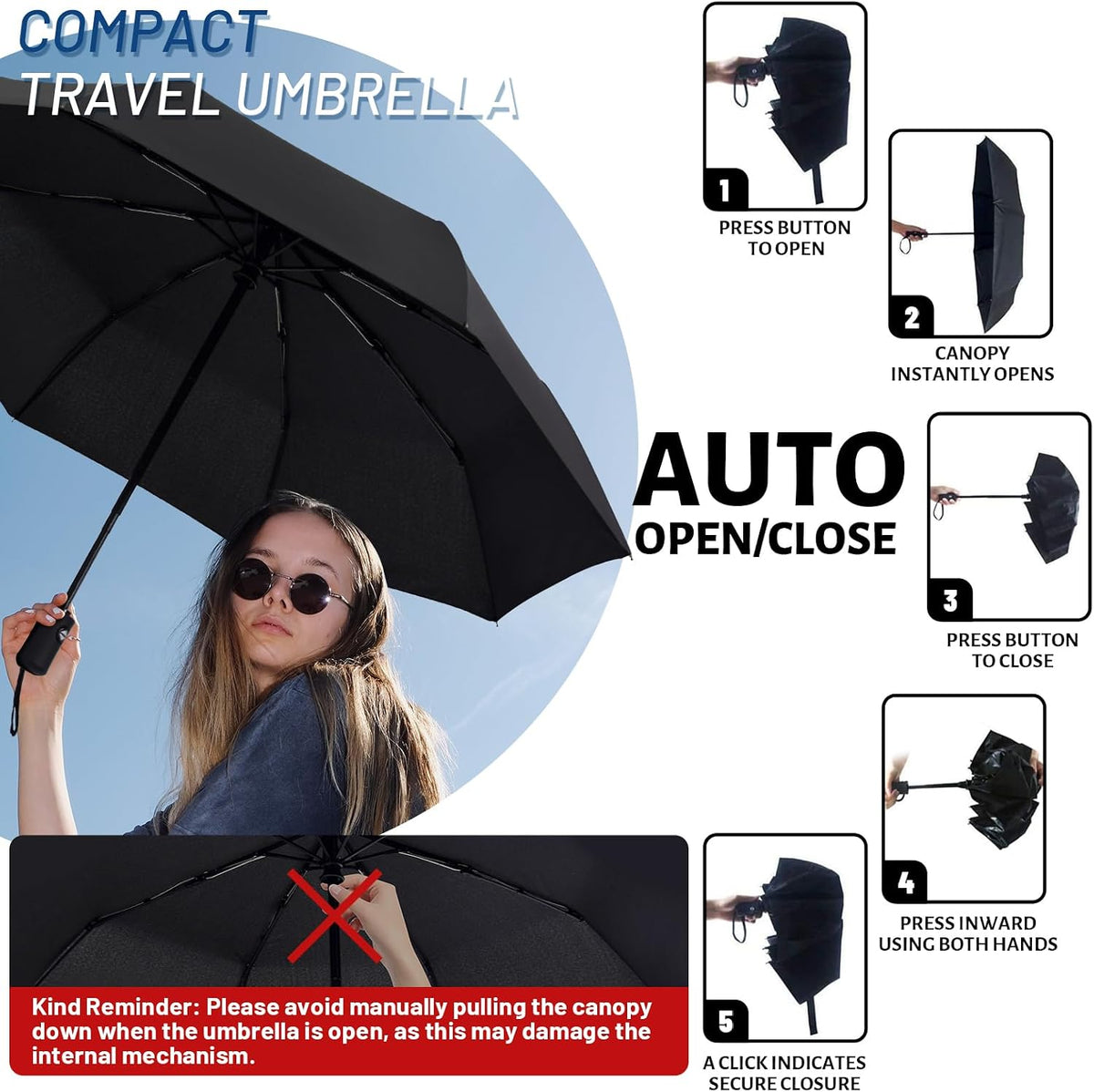 SY COMPACT Travel Umbrella - Windproof Automatic Compact Umbrellas for Rain | Small & Portable, UV Sun Protection, 11" Folded Travel Size, Fits in Backpack & Car, for Walking & Commutes, Factory Direct