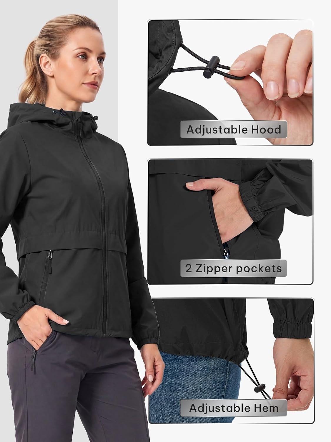 SaphiRose Lightweight Rain Jacket Women Waterproof Raincoat Packable | raincoat, rain coat, windbreaker, zip pockets, drawstring hem, hiking, camping, travel, ultra-portable