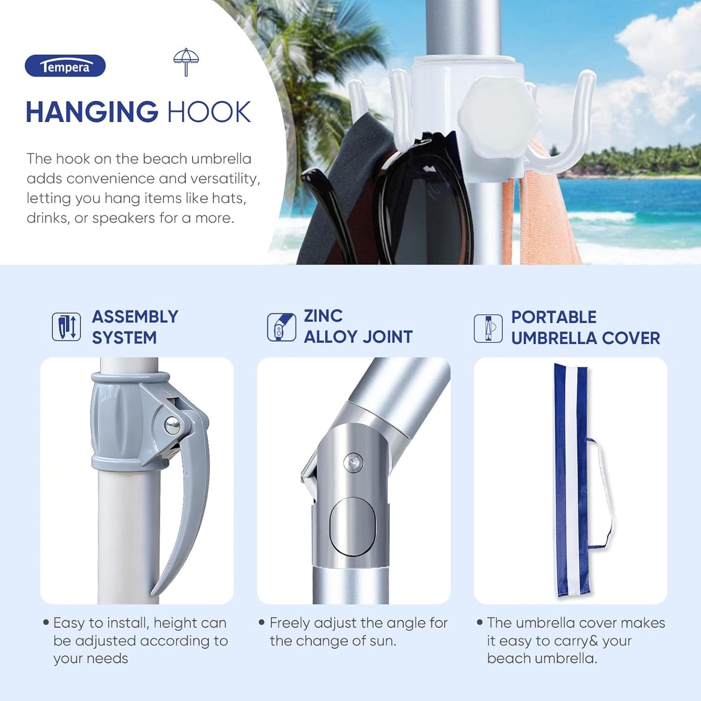 Tempera Heavy Duty High Wind Beach Umbrella with Sand Anchor & Carry Bag | Patio Outdoor Umbrella with Aluminum Frame and Push Button Tilt, Ideal for Garden Lawn, UPF 60+