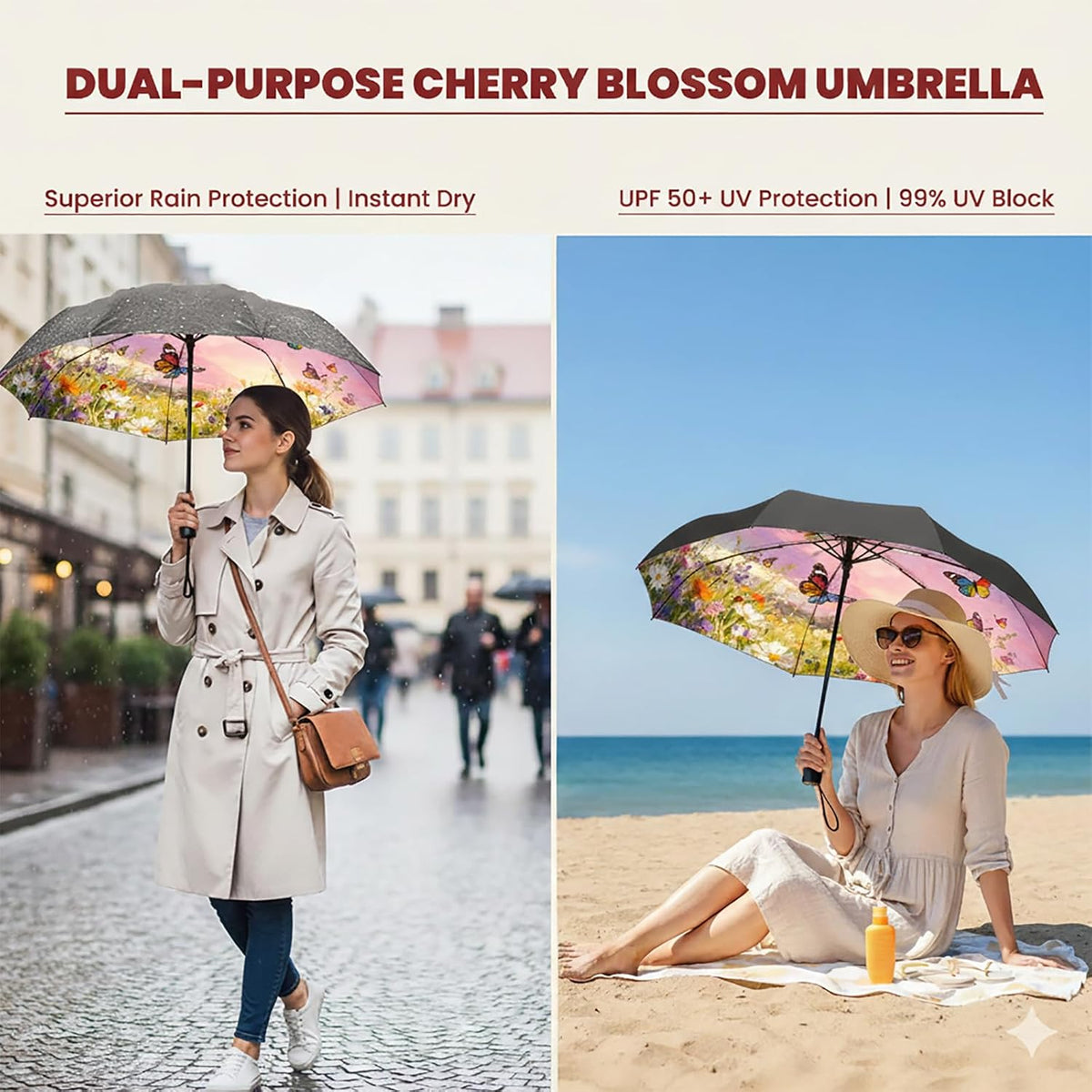 Compact Travel Umbrella - Windproof Auto Open/Close, Small Folding Umbrella for Rain & Sun with UPF50+ - Lightweight Frame, Waterproof - Fits Backpack, Purse, Suitcase.(Garden Butterfly)