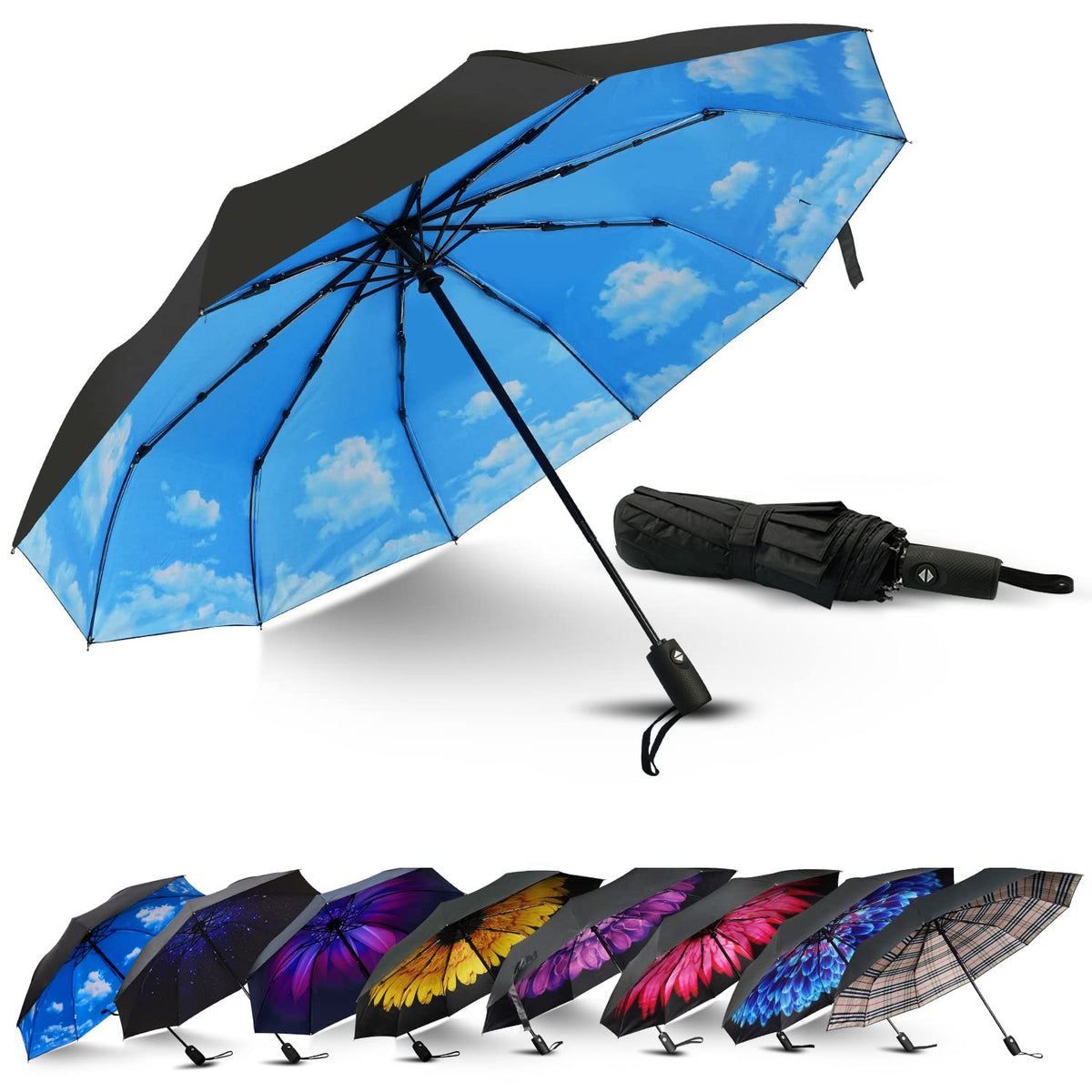 LLanxiry Compact Travel Umbrella, Windproof Automatic Umbrellas for Rain | Small, Portable, Folding, Lightweight, Waterproof, Backpacks, Purses, Cars, Commuting, Walk, School, Men, Women