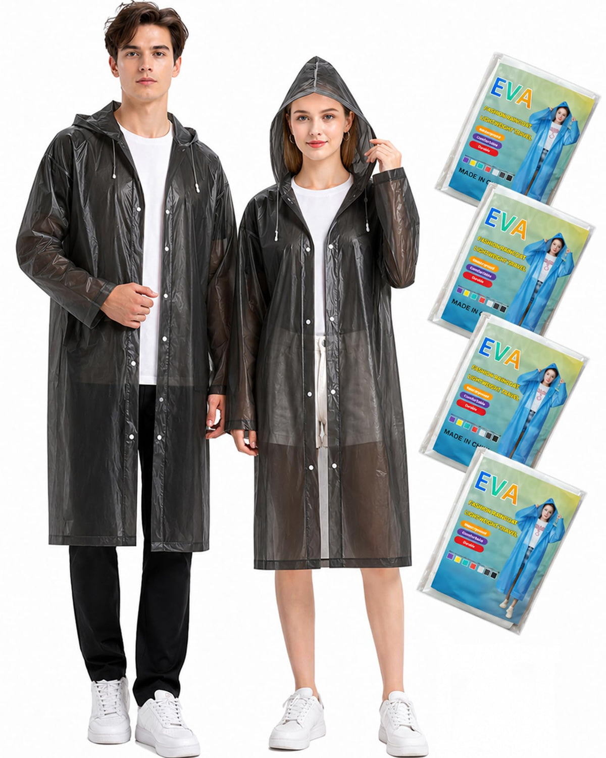 Rain Ponchos for Adults - 4 Pack Reusable EVA Waterproof Rain Jackets | 4-Pack Family Set, Drawstring Hood Snap Button Fastener Wide Cuff Packable for Theme Park Concert Sports Fishing Emergency