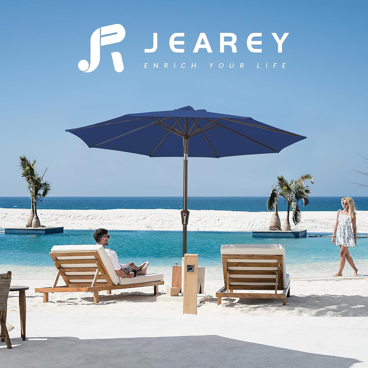 JEAREY 9FT Outdoor Patio Umbrella, Market Umbrella, Dark Blue | Outdoor Table Umbrellas with 8 Sturdy, Tilt & Crank UV Protection Waterproof for Garden, Deck, Backyard, Pool