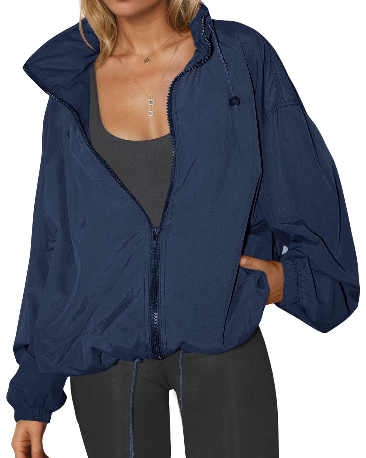 Womens Waterproof Rain Jackets Lightweight Zip Up Raincoat Outdoor Hiking Hooded Windbreaker with Pocket