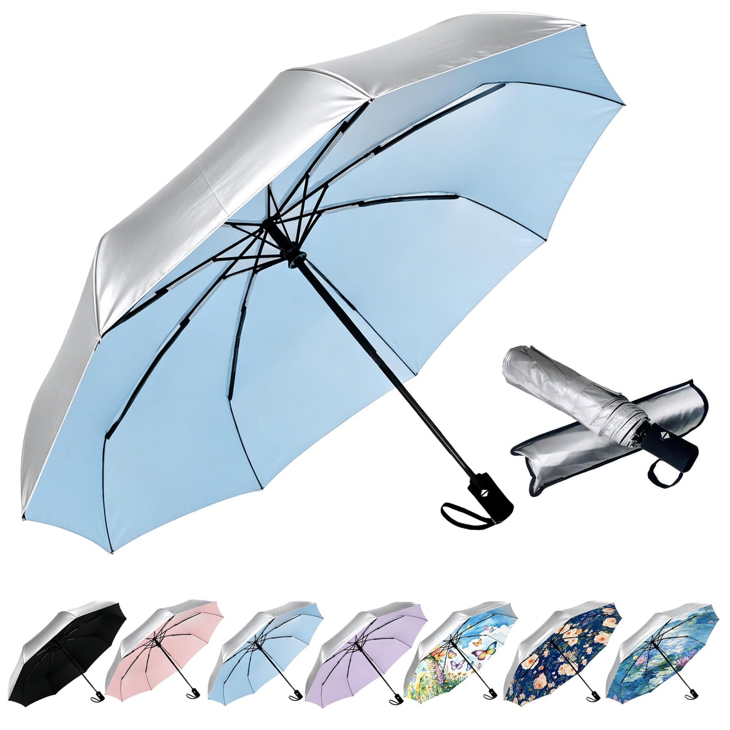 Compact Travel Umbrella - Windproof Auto Open/Close, Small Folding Umbrella for Rain & Sun with UPF50+ - Lightweight Frame, Waterproof - Fits Backpack, Purse, Suitcase.(Garden Butterfly)
