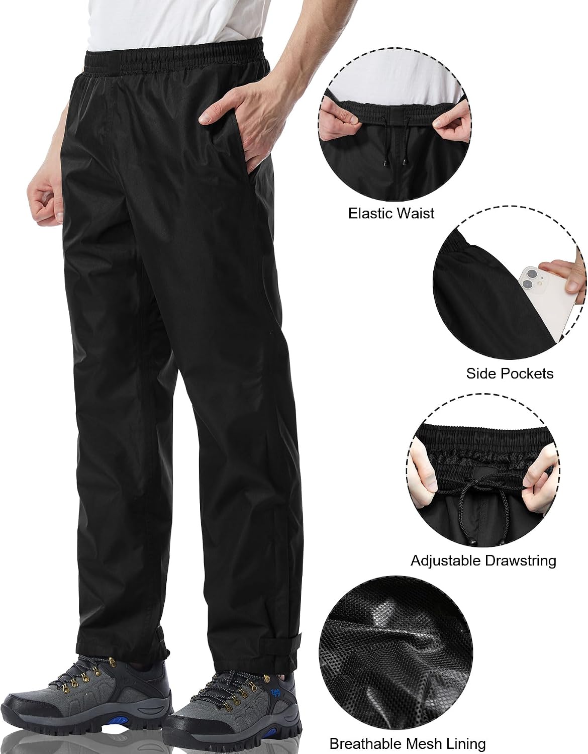 iCreek Men's Rain Pants Waterproof Breathable Lightweight Rain Over Pants | Windproof, Mesh Lining, Pants Leg Zipper, Hook & Loop, Suitable for Hiking, Fishing, Golf, Work and Daily Wear