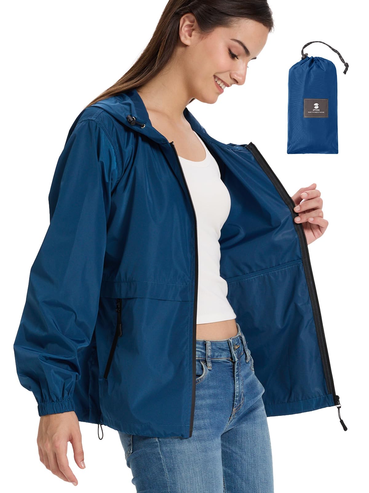 SaphiRose Lightweight Rain Jacket Women Waterproof Raincoat Packable | raincoat, rain coat, windbreaker, zip pockets, drawstring hem, hiking, camping, travel, ultra-portable