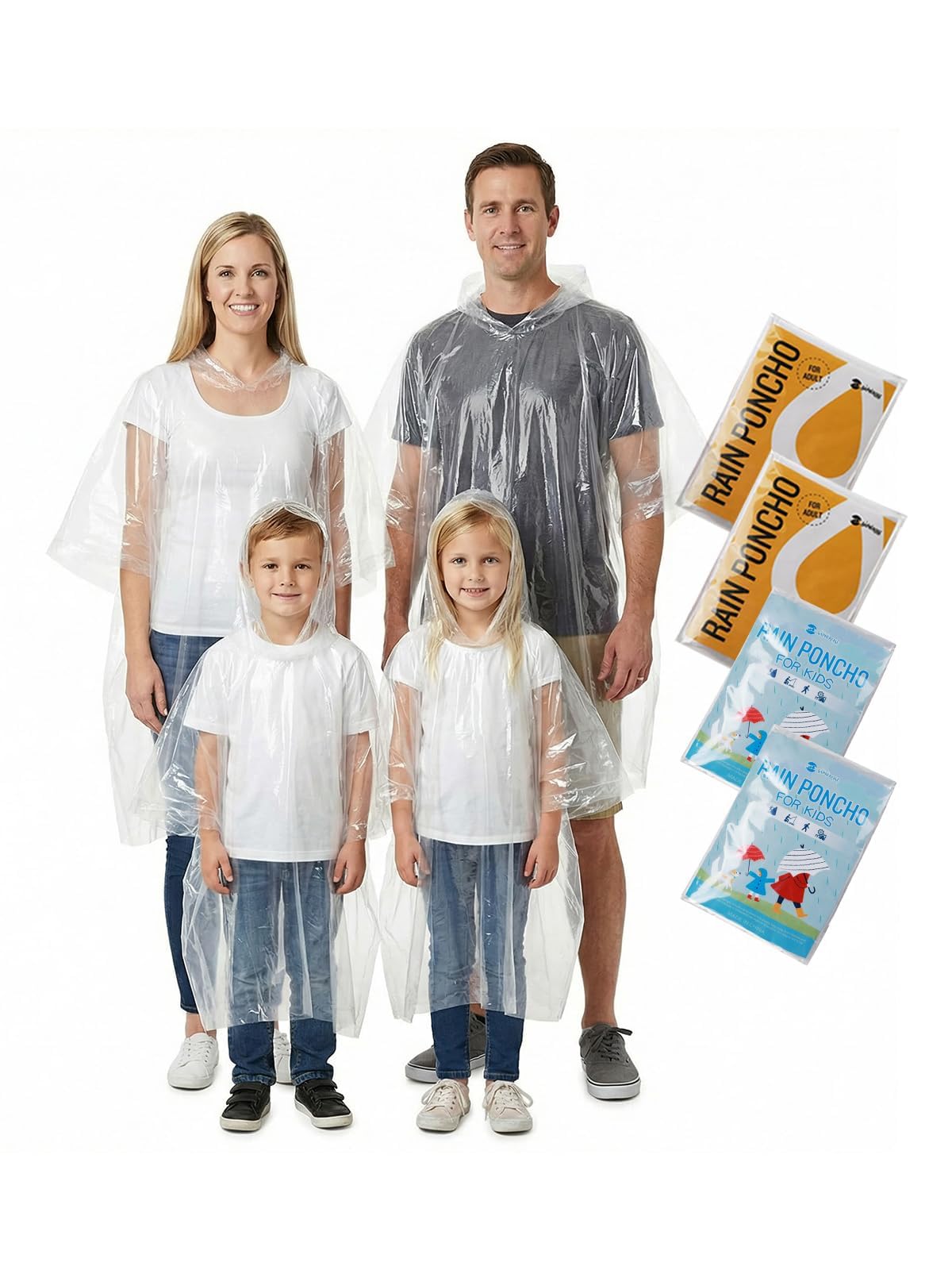 SaphiRose Disposable Adult Rain Ponchos 4 Pack Clear Emergency Raincoat | Value Pack, 100% Waterproof PE, One Size Fits Most Adults, Compact Individual Pouch, for Travel Theme Parks Emergency Kits