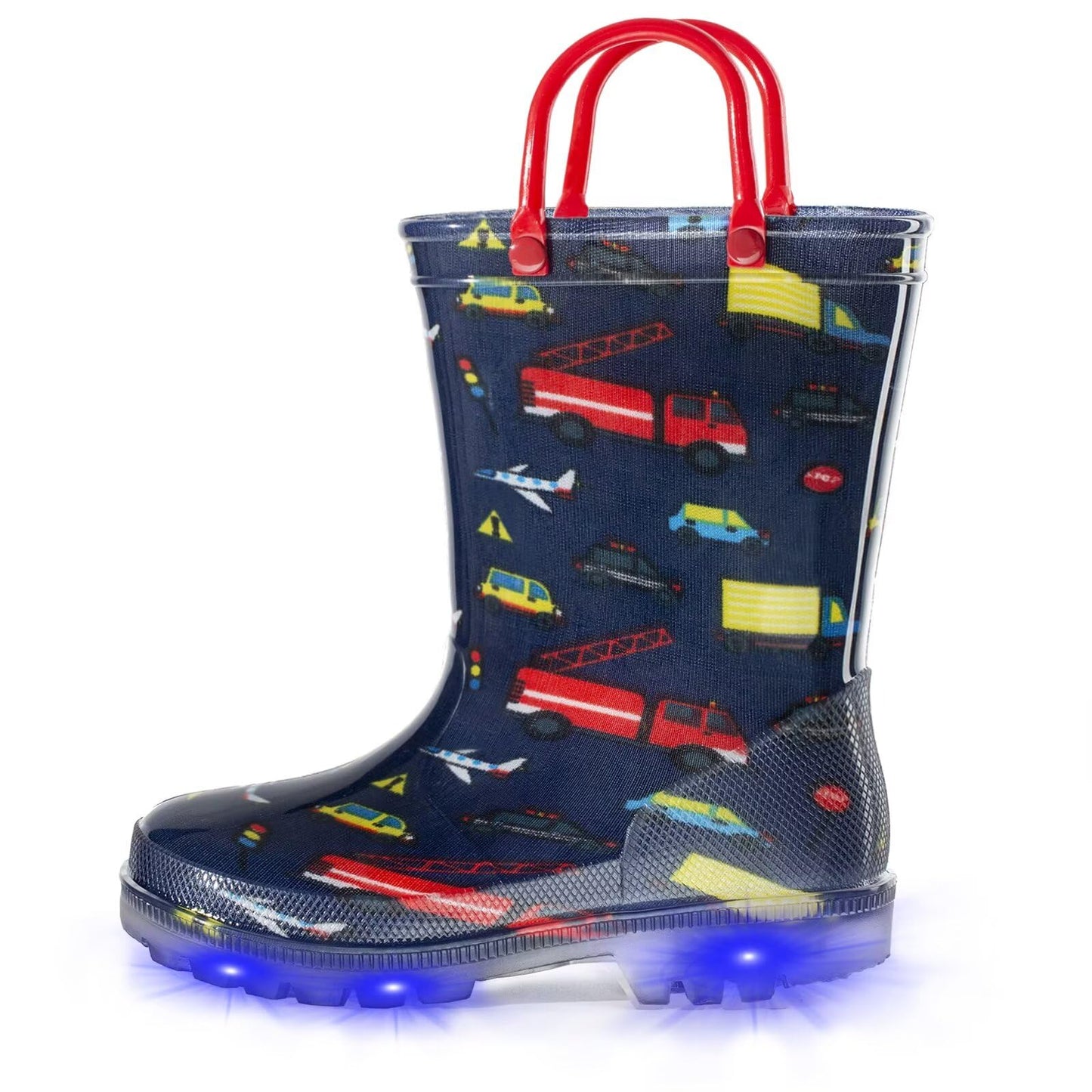 EUXTERPA Toddler Kids Light-Up Rain Boots | Waterproof, Glitter, Cartoon Pattern, Easy-On Handles, LED Flashing Non-Slip Sole, Puddle Play, Outdoor, Children Girls Boys