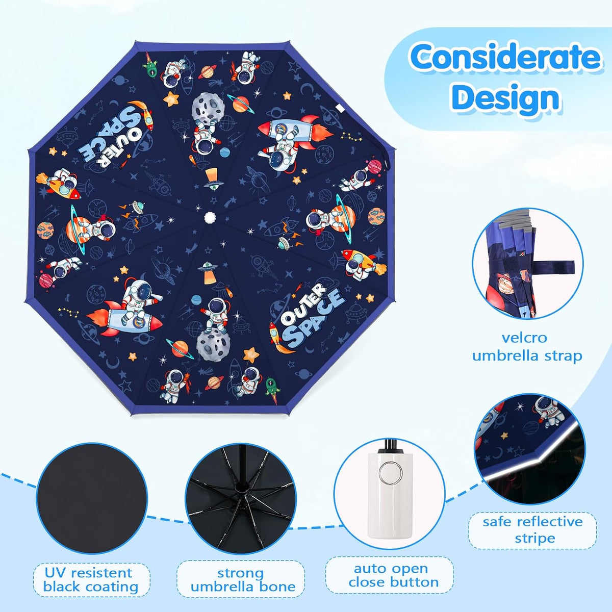 Kids Folding Umbrella Auto Open/Close Anti-rebound Safe Design UV Resistant Automatic Children Travel Umbrellas 8 Rib Reinforced Canopy 360° Reflective Strip Lightweight Cute Umbrella for Girls & Boys