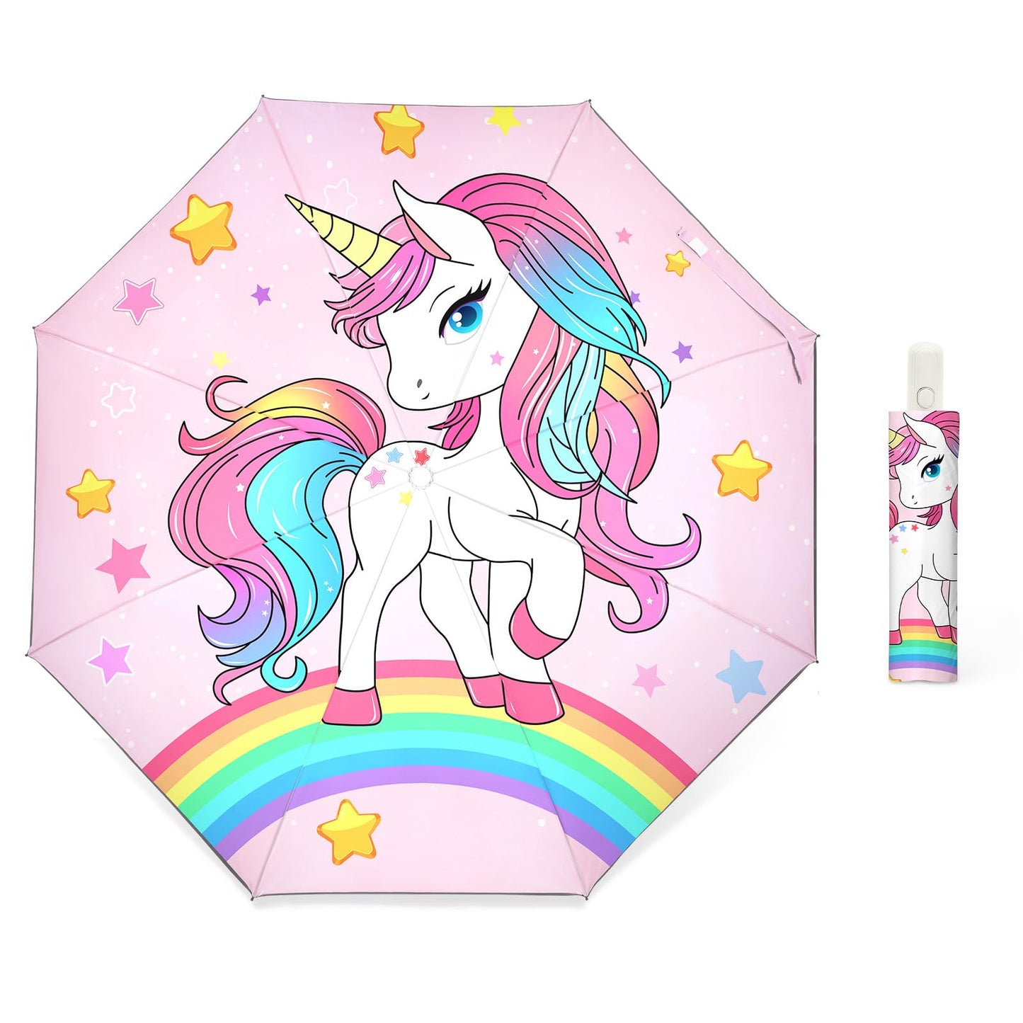 Autoamtic Kids Umbrella UV Resistant, Folding Compact Umbrella 360° Reflective Strip for Travel Outdoor, Lightweight Cute Kids Parasol Anti-rebound Safe for Toddler