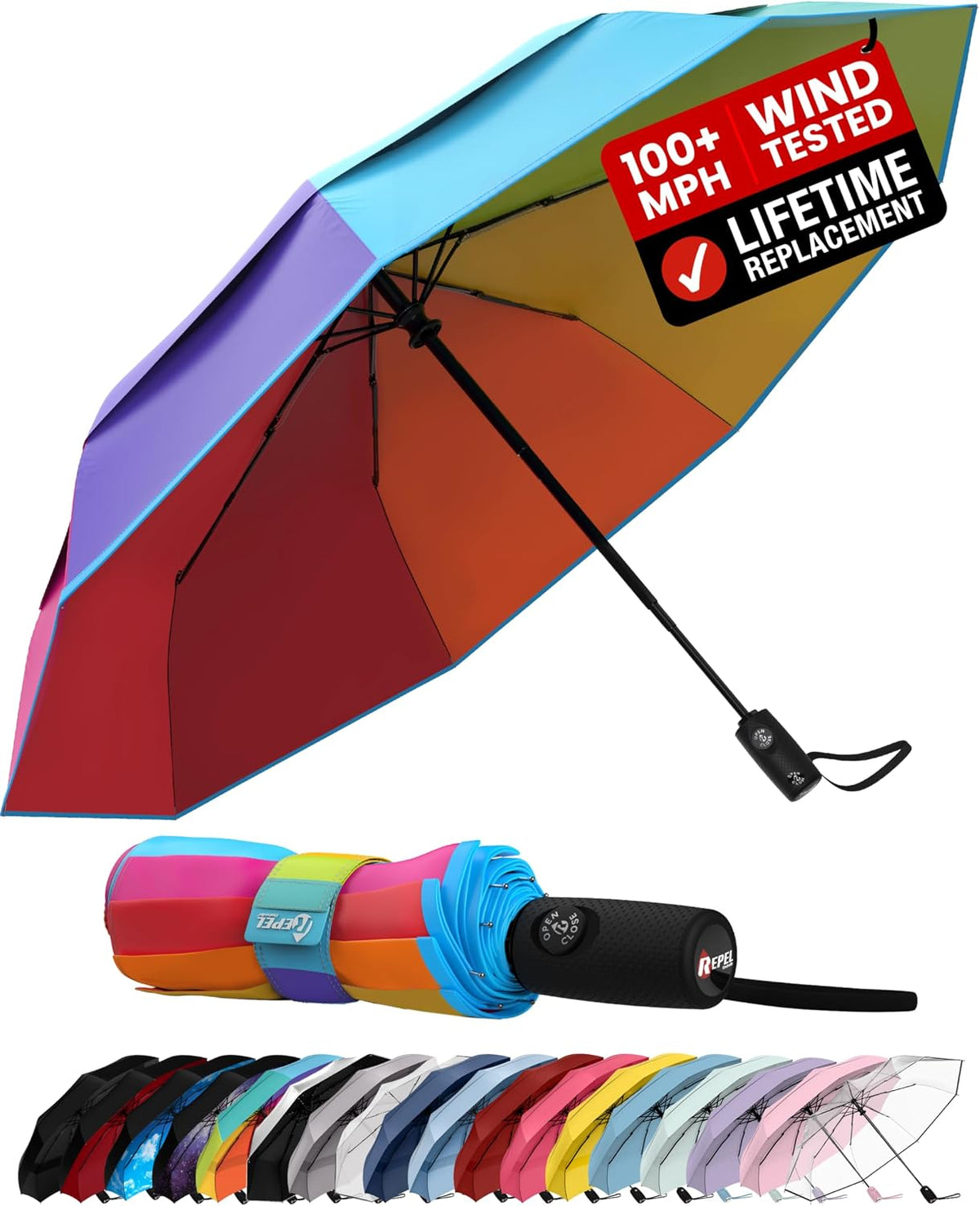 Windproof Travel Umbrella - Compact & Withstands Winds up to 100MPH, Strongest Premium Auto Folding Umbrella for Rain and Sun - Durable, Light & Portable for Women & Men, Fits Backpack & Cars