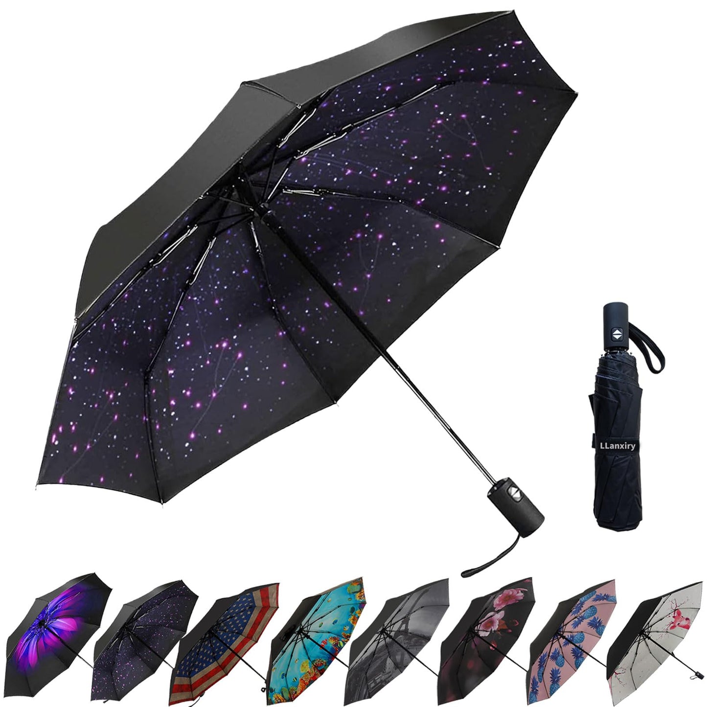 LLanxiry Compact Travel Umbrella, Windproof Automatic Umbrellas for Rain | Small, Portable, Folding, Lightweight, Waterproof, Backpacks, Purses, Cars, Commuting, Walk, School, Men, Women