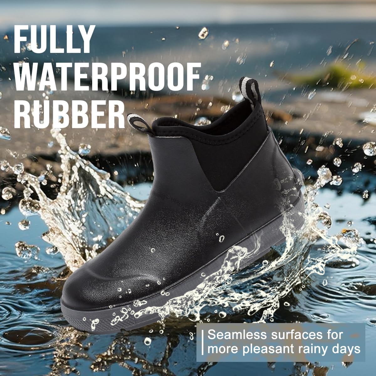 Men's Deck Boots, Waterproof Ankle Rain Boots, Rubber Fishing Boots for Men | Non-Slip Traction, Neoprene Construction, Dual Pull Tabs, Garden Boots for Boating, Sailing, Camping, Farming & Outdoor Work
