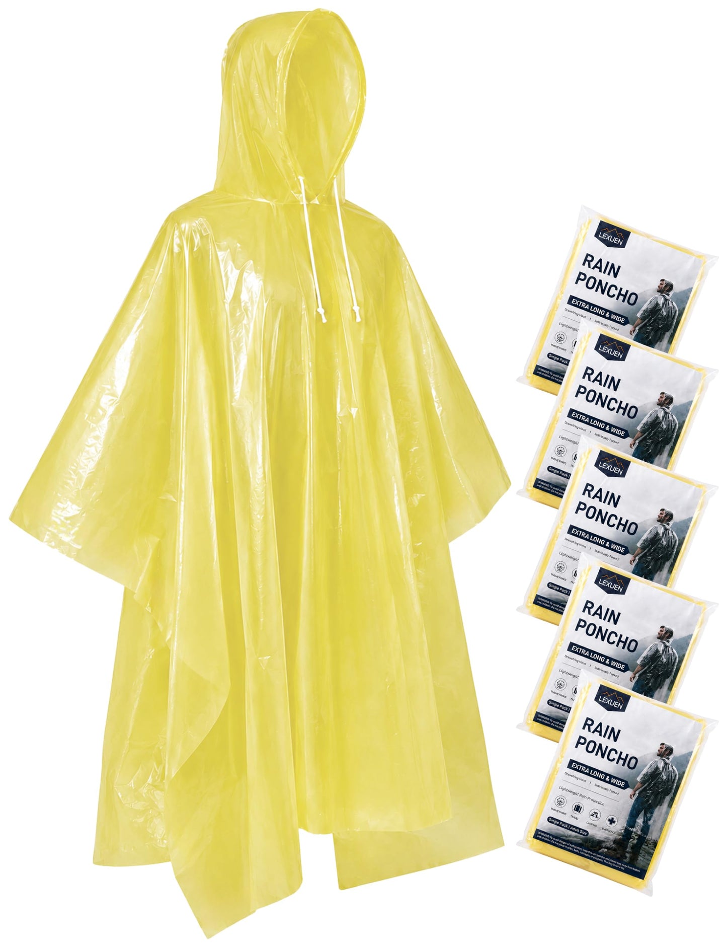 Disposable Rain Ponchos for Adults, Extra Long and Thickened with Drawstring Hood (5 Pack)