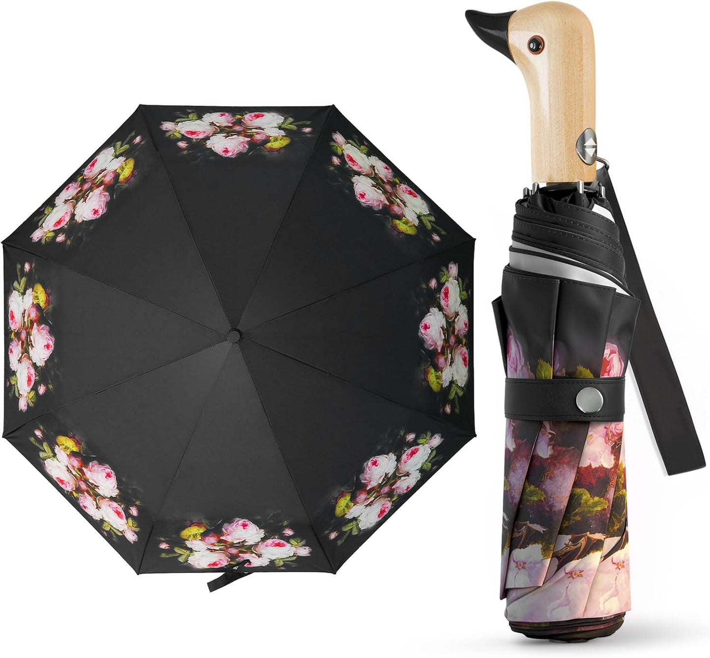 Duck Umbrella Cute Automatic Travel Size Compact Folding for Adults | Automatic duck wooden handle,Fit in handbag/backpack/suitcase,ideal gifts for women and kids