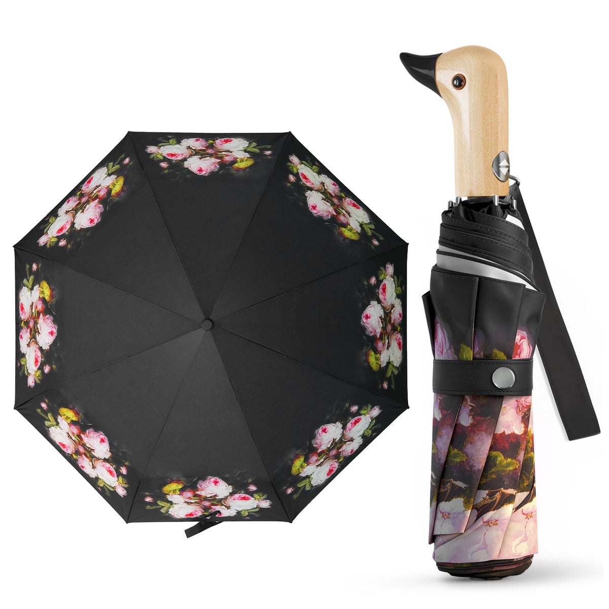 Duck Umbrella Cute Automatic Travel Size Compact Folding for Adults | Automatic duck wooden handle,Fit in handbag/backpack/suitcase,ideal gifts for women and kids