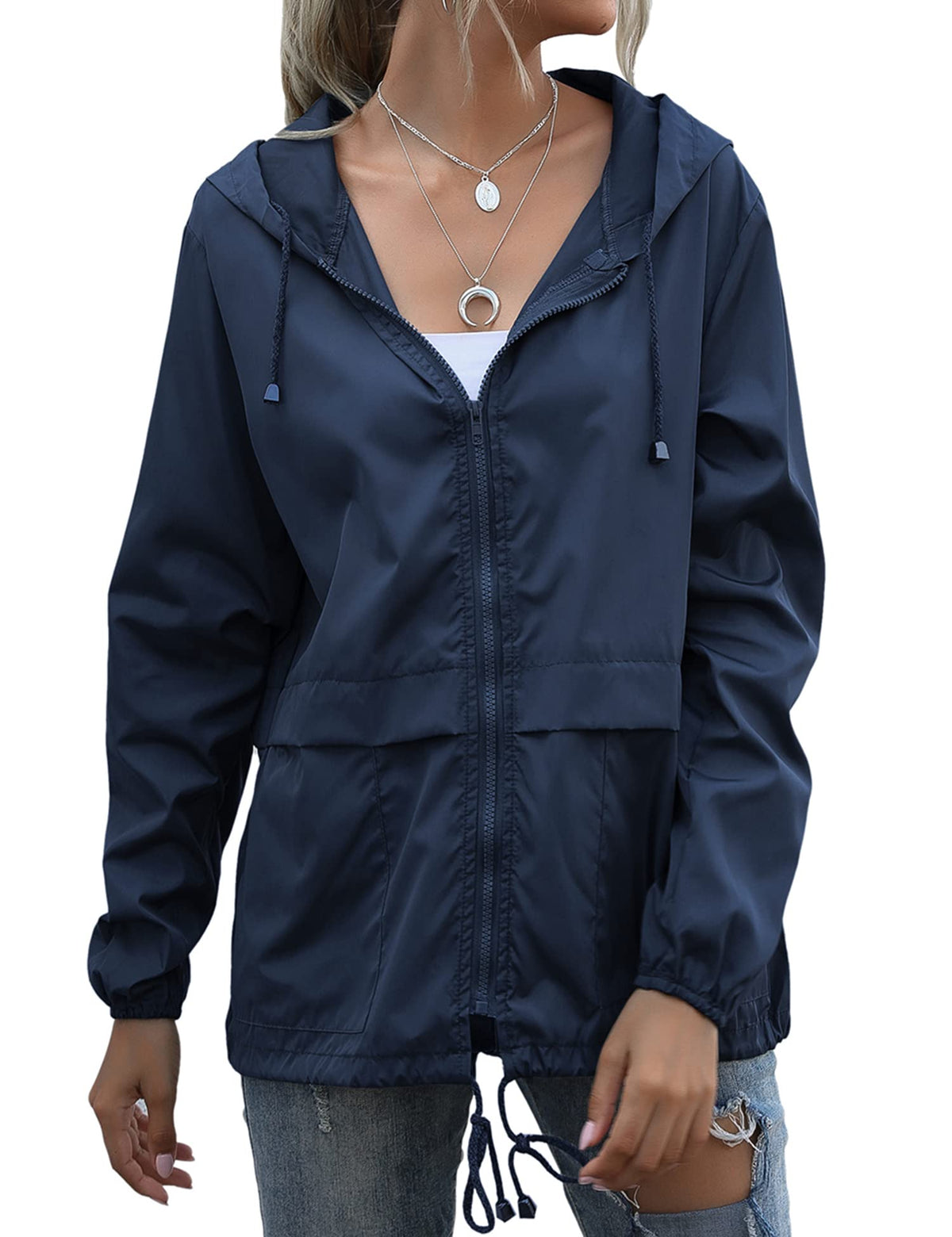 Women's Waterproof Raincoat Lightweight Rain Jacket Hooded Windbreaker with Pockets for Outdoor