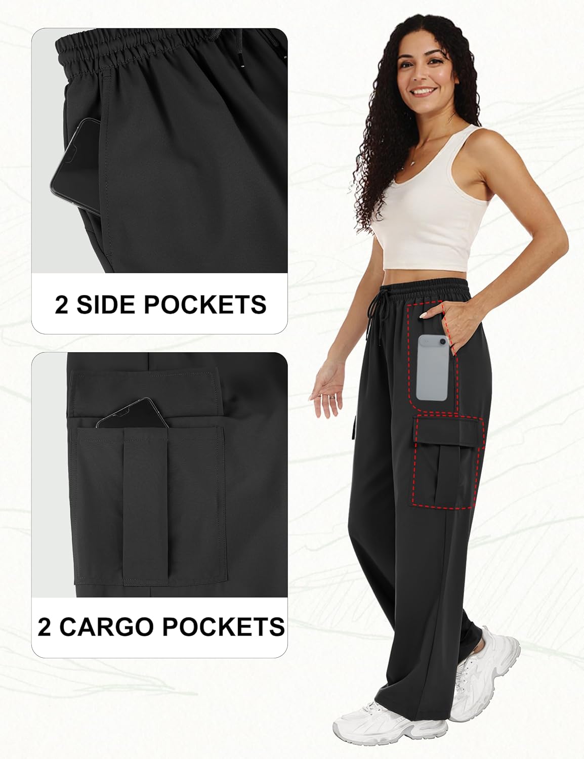 Lzzidou Womens Hiking Pants Water Resistant Parachute Cargo Pants 4 Pockets | Baggy Joggers, Quick Dry, Lightweight, High Waist, Adjustable Cuffs for Camping, Fishing and Outdoor Wear