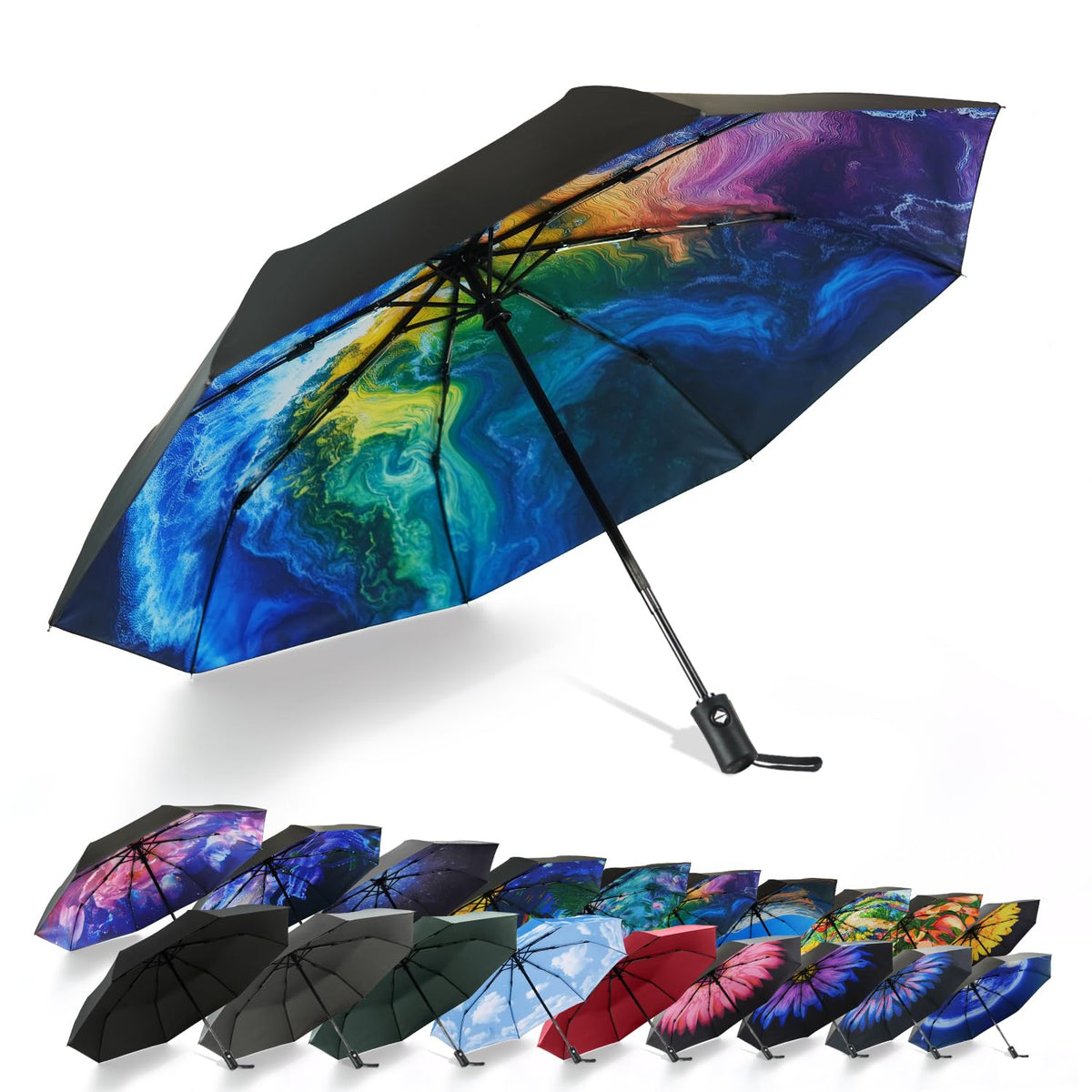 SY COMPACT Travel Umbrella - Windproof Automatic Compact Umbrellas for Rain | Small & Portable, UV Sun Protection, 11" Folded Travel Size, Fits in Backpack & Car, for Walking & Commutes, Factory Direct
