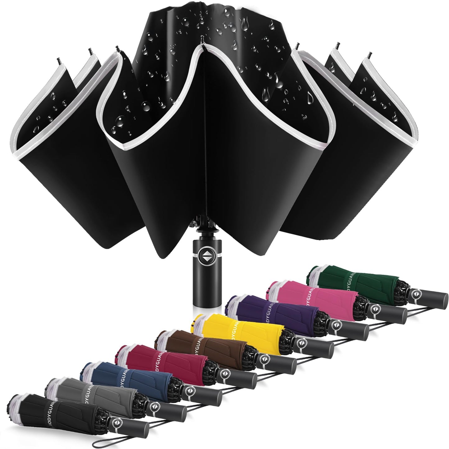 Bodyguard Inverted Umbrella - Large Windproof for Rain & Sun, Compact Reverse With Reflective Stripe, Teflon-Coated for Women Men, Travel Folding With Cover Bag