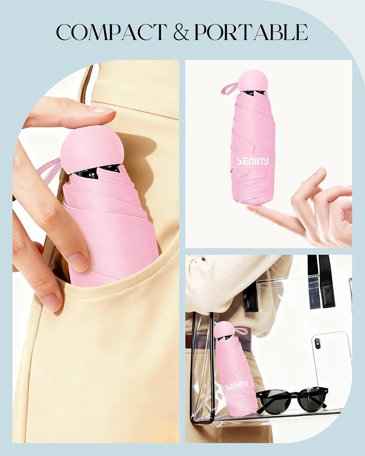 Seniny Mini Travel Umbrella with Case, Compact Pocket Size UV Sun & Rain | Tiny purse size fits pocket, UV protection waterproof fabric, lightweight folding, great for women kids daily travel