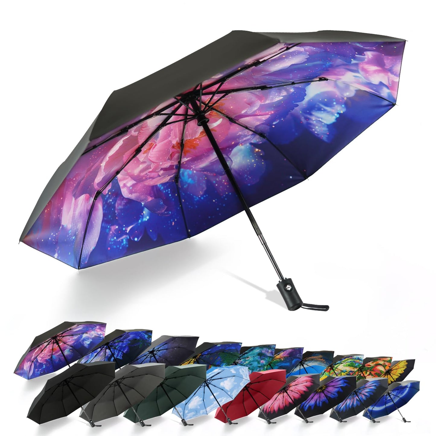 SY COMPACT Travel Umbrella - Windproof Automatic Compact Umbrellas for Rain | Small & Portable, UV Sun Protection, 11" Folded Travel Size, Fits in Backpack & Car, for Walking & Commutes, Factory Direct