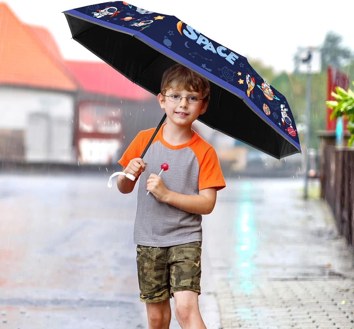 Kids Folding Umbrella Auto Open/Close Anti-rebound Safe Design UV Resistant Automatic Children Travel Umbrellas 8 Rib Reinforced Canopy 360° Reflective Strip Lightweight Cute Umbrella for Girls & Boys