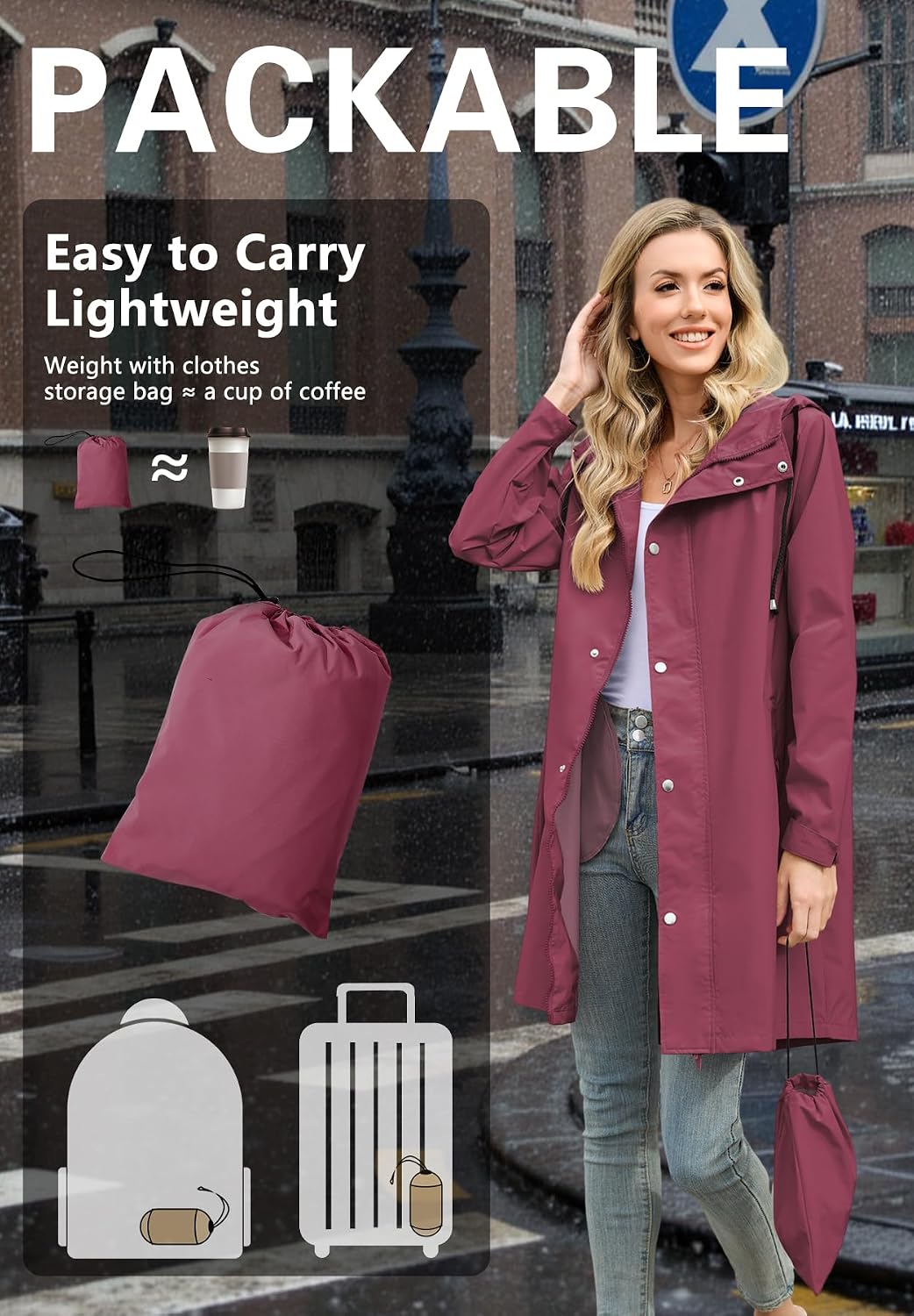 Zando Long Packable Rain Jacket Women Waterproof Raincoat with Hood | Relaxed-Fit Lightweight Windbreaker for Women; Travel Rain Coats for Commute, Hiking, Cruise, and Daily wear