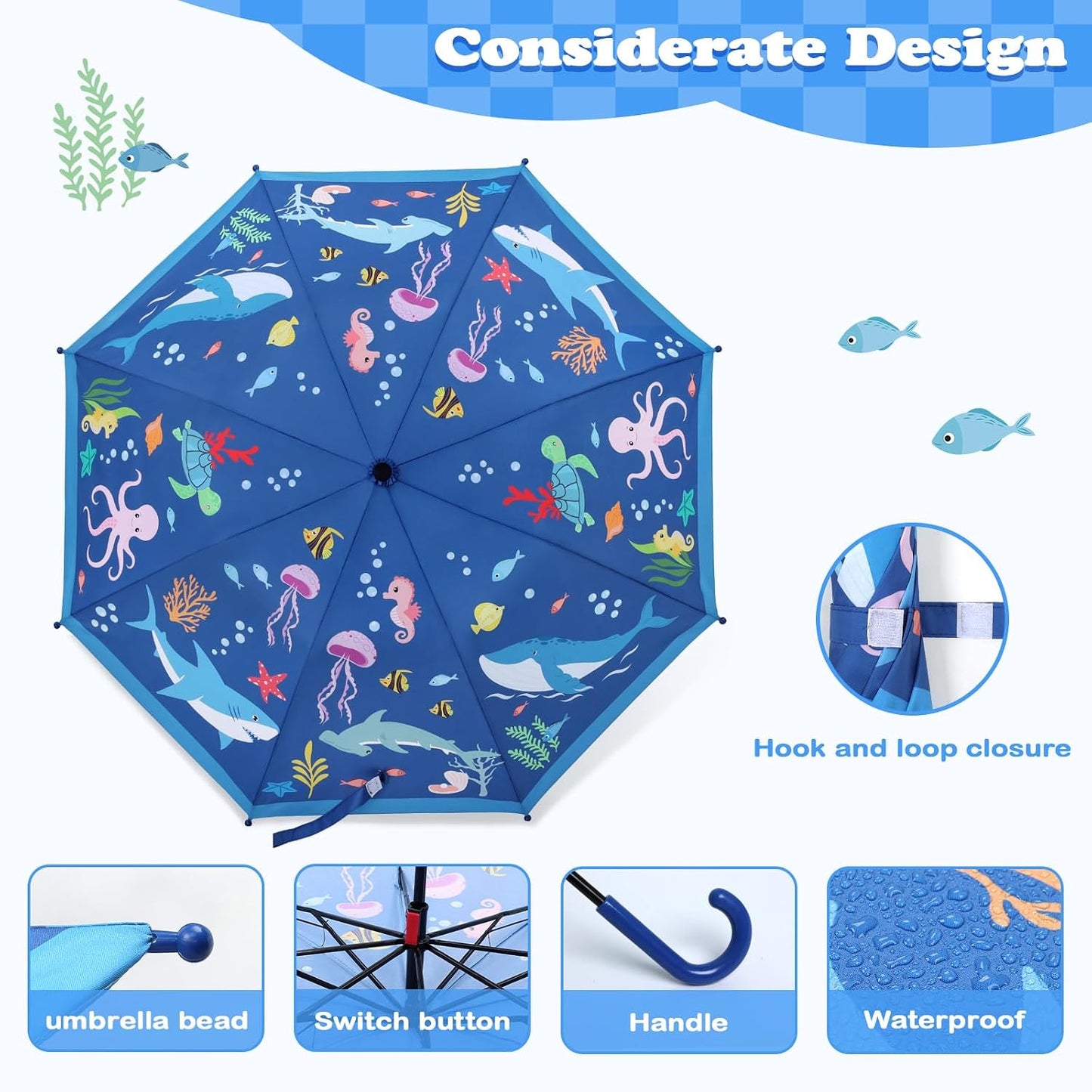 Kids Umbrella, Safety Windproof Umbrella with Easy-Grip Hook Handle for Toddler Girls and Boys
