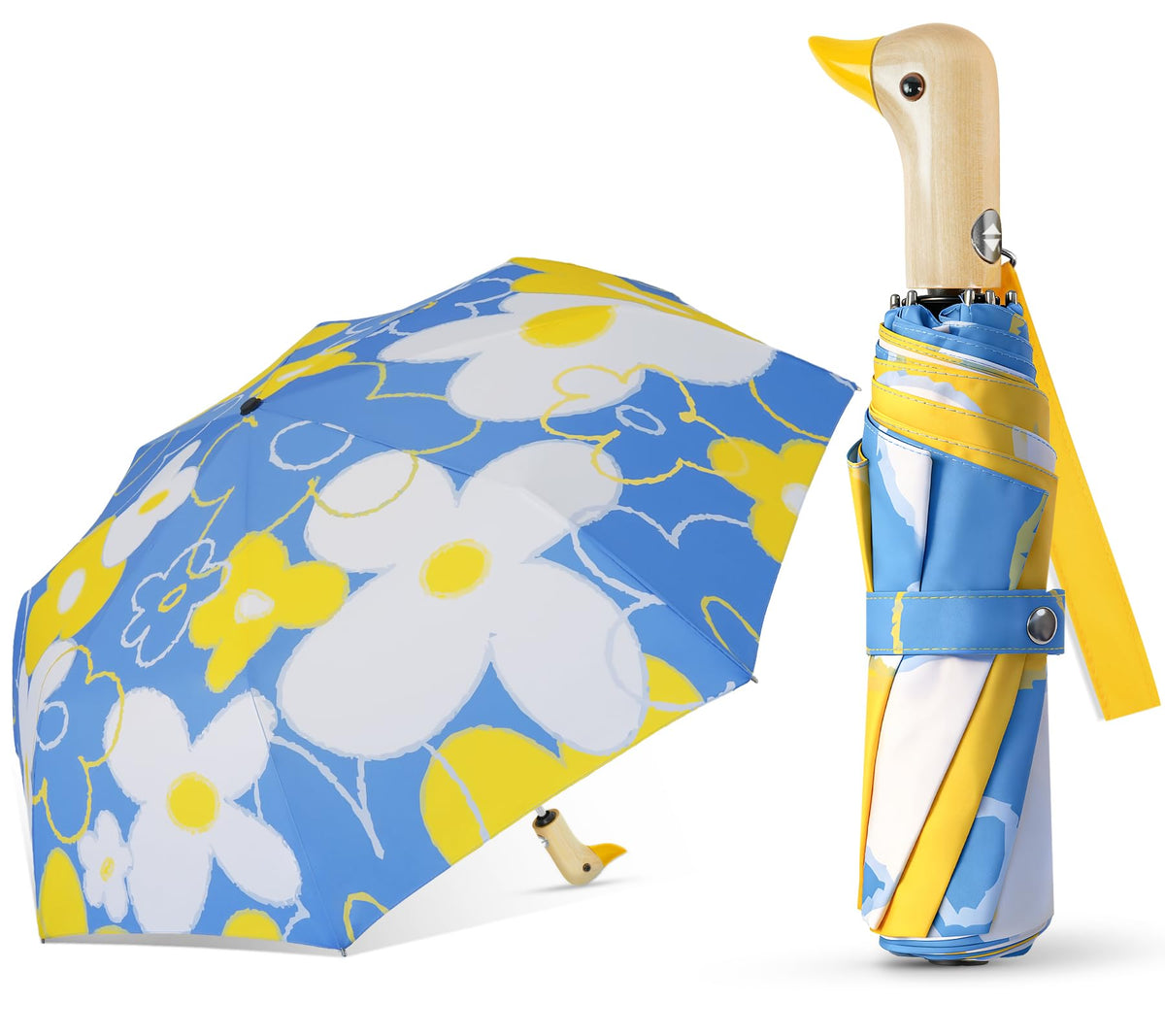 Duck Umbrella Cute Automatic Travel Size Compact Folding for Adults | Automatic duck wooden handle,Fit in handbag/backpack/suitcase,ideal gifts for women and kids