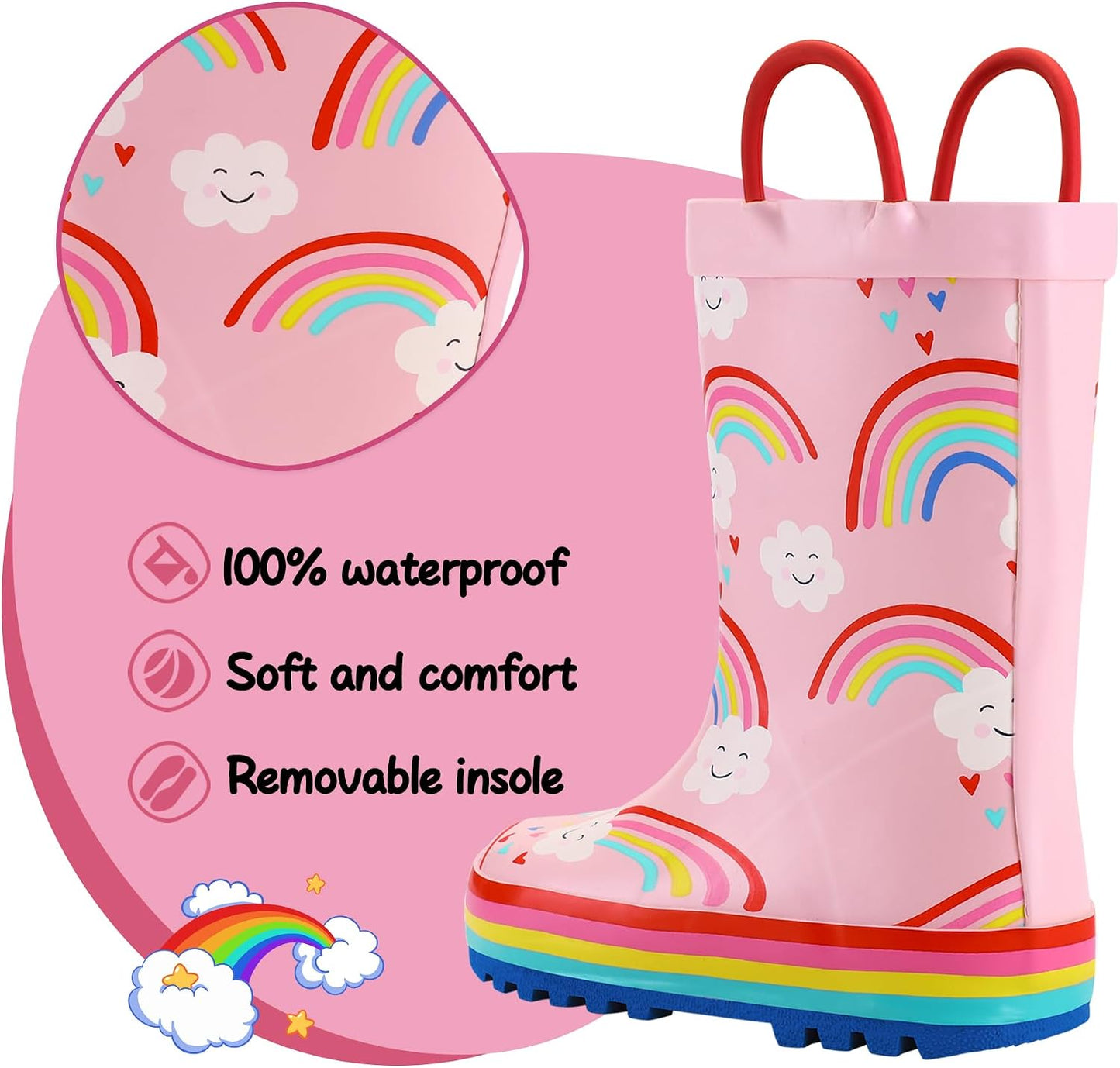 Kids Rain Boots Waterproof Printed Rubber boots with Handles | Slip on, Double Handles,Slip Resistant