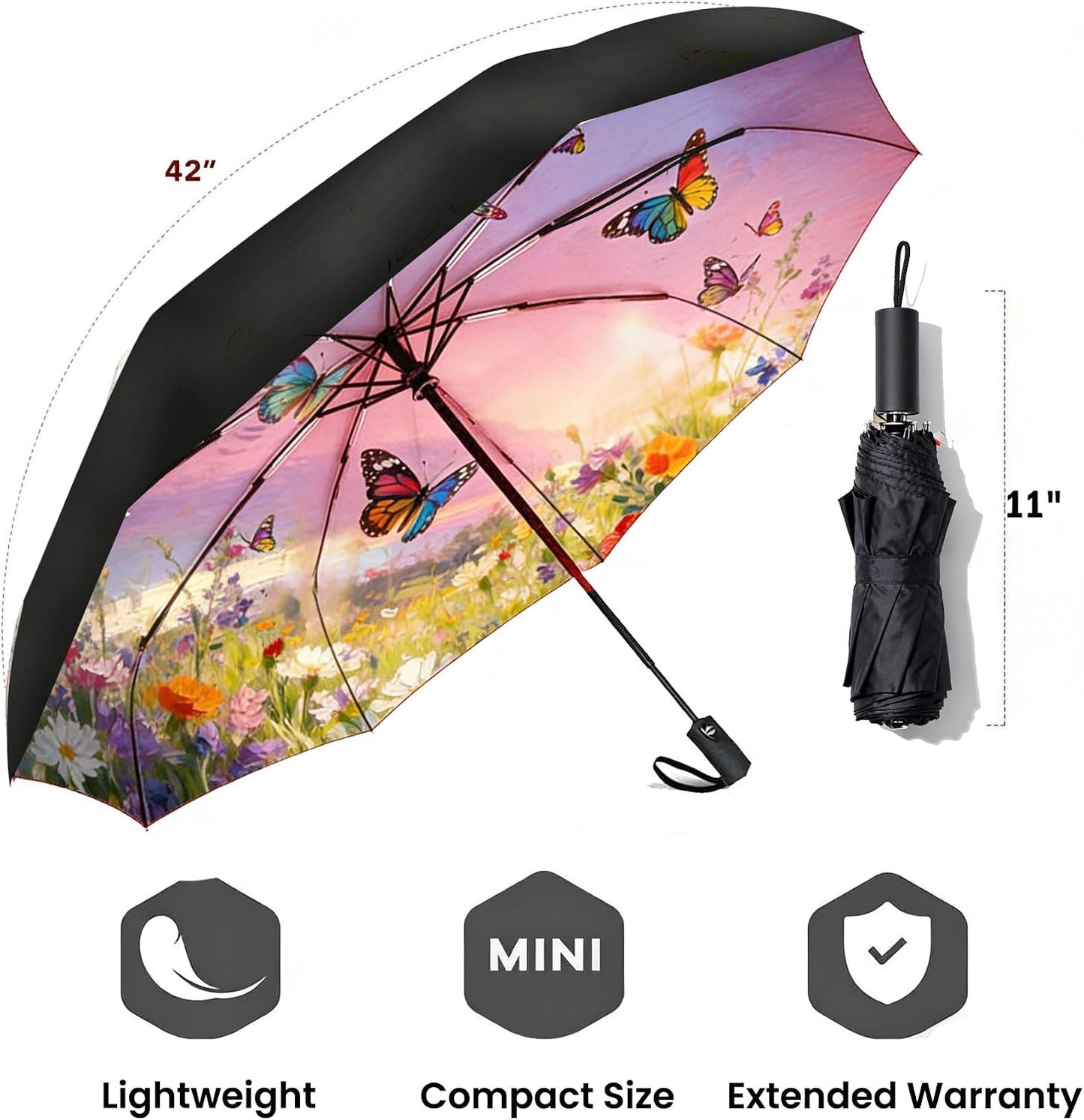 Compact Travel Umbrella - Windproof Auto Open/Close, Small Folding Umbrella for Rain & Sun with UPF50+ - Lightweight Frame, Waterproof - Fits Backpack, Purse, Suitcase.(Garden Butterfly)