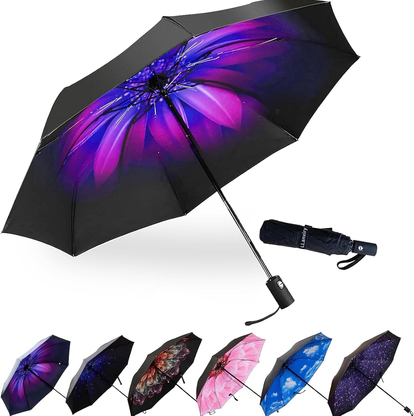 LLanxiry Compact Travel Umbrella, Windproof Automatic Umbrellas for Rain | Small, Portable, Folding, Lightweight, Waterproof, Backpacks, Purses, Cars, Commuting, Walk, School, Men, Women