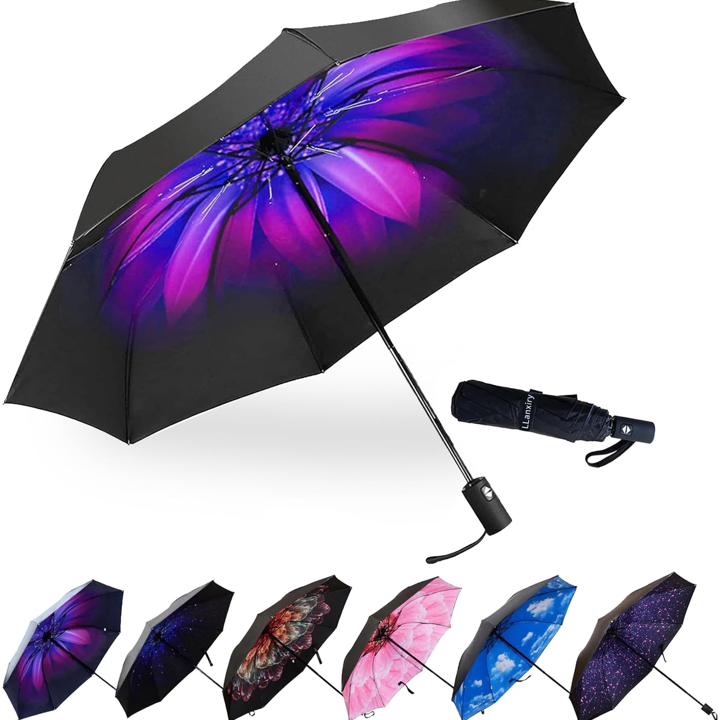 LLanxiry Compact Travel Umbrella, Windproof Automatic Umbrellas for Rain | Small, Portable, Folding, Lightweight, Waterproof, Backpacks, Purses, Cars, Commuting, Walk, School, Men, Women