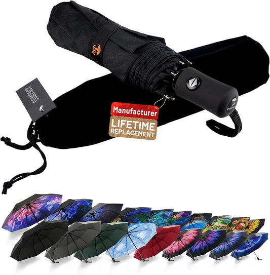 SY COMPACT Travel Umbrella - Windproof Automatic Compact Umbrellas for Rain | Small & Portable, UV Sun Protection, 11" Folded Travel Size, Fits in Backpack & Car, for Walking & Commutes, Factory Direct