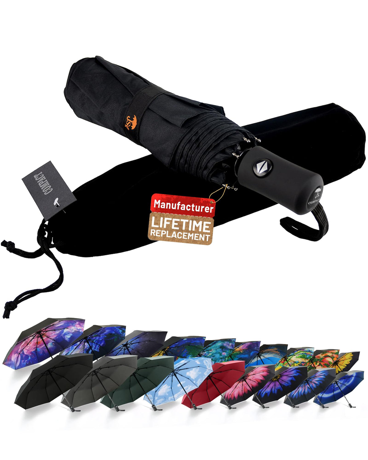 SY COMPACT Travel Umbrella - Windproof Automatic Compact Umbrellas for Rain | Small & Portable, UV Sun Protection, 11" Folded Travel Size, Fits in Backpack & Car, for Walking & Commutes, Factory Direct