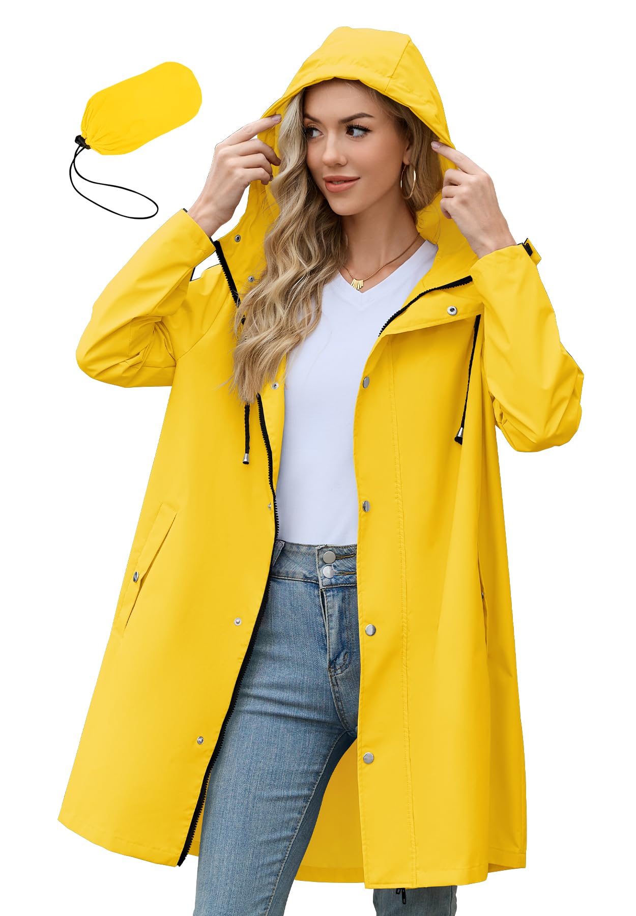Zando Long Packable Rain Jacket Women Waterproof Raincoat with Hood | Relaxed-Fit Lightweight Windbreaker for Women; Travel Rain Coats for Commute, Hiking, Cruise, and Daily wear